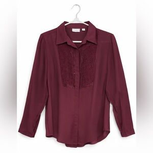 oan Rivers Burgundy Embellished Button-Up Blouse 3/4 Sleeves Size M
